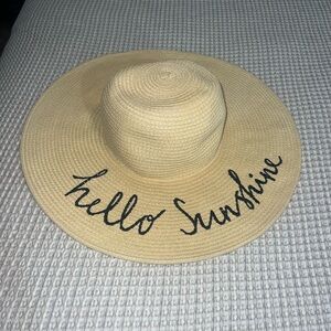Beige Sun Hat with Blue 'Hello Sunshine' Embroidery